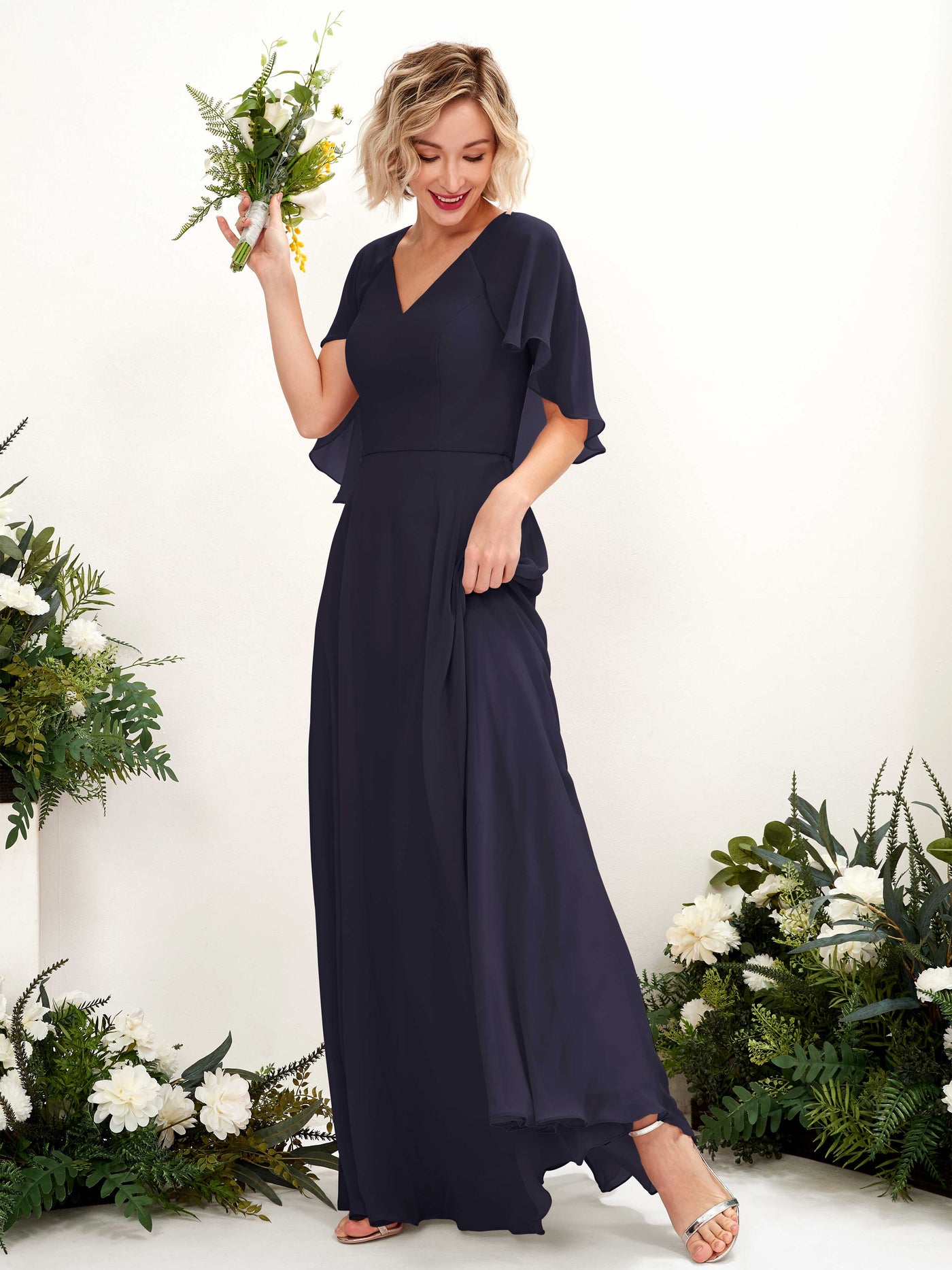 A-line V-neck Short Sleeves Chiffon Bridesmaid Dress  (81224418)#color_dark-navy