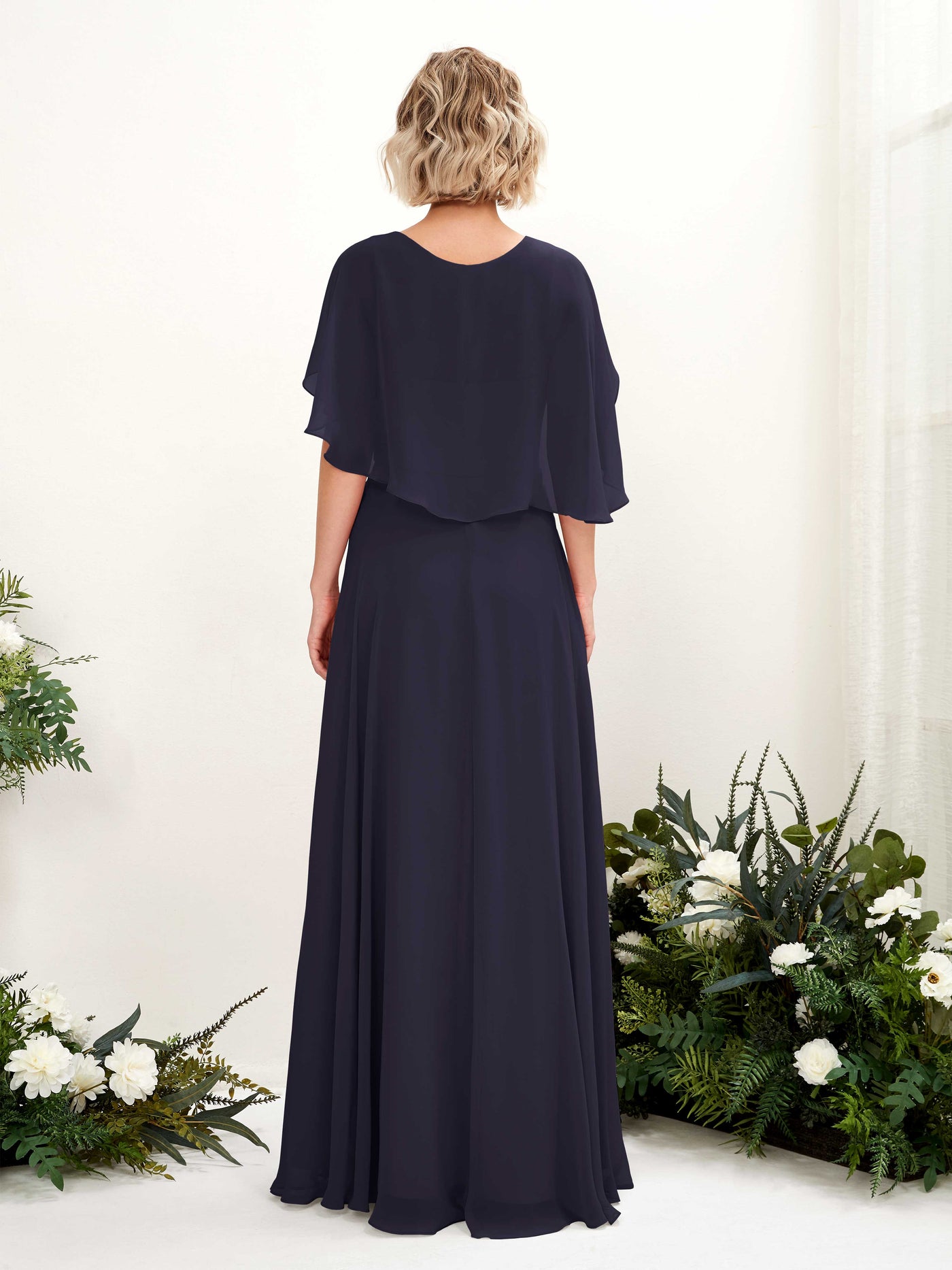 A-line V-neck Short Sleeves Chiffon Bridesmaid Dress (81224418)#color_dark-navy