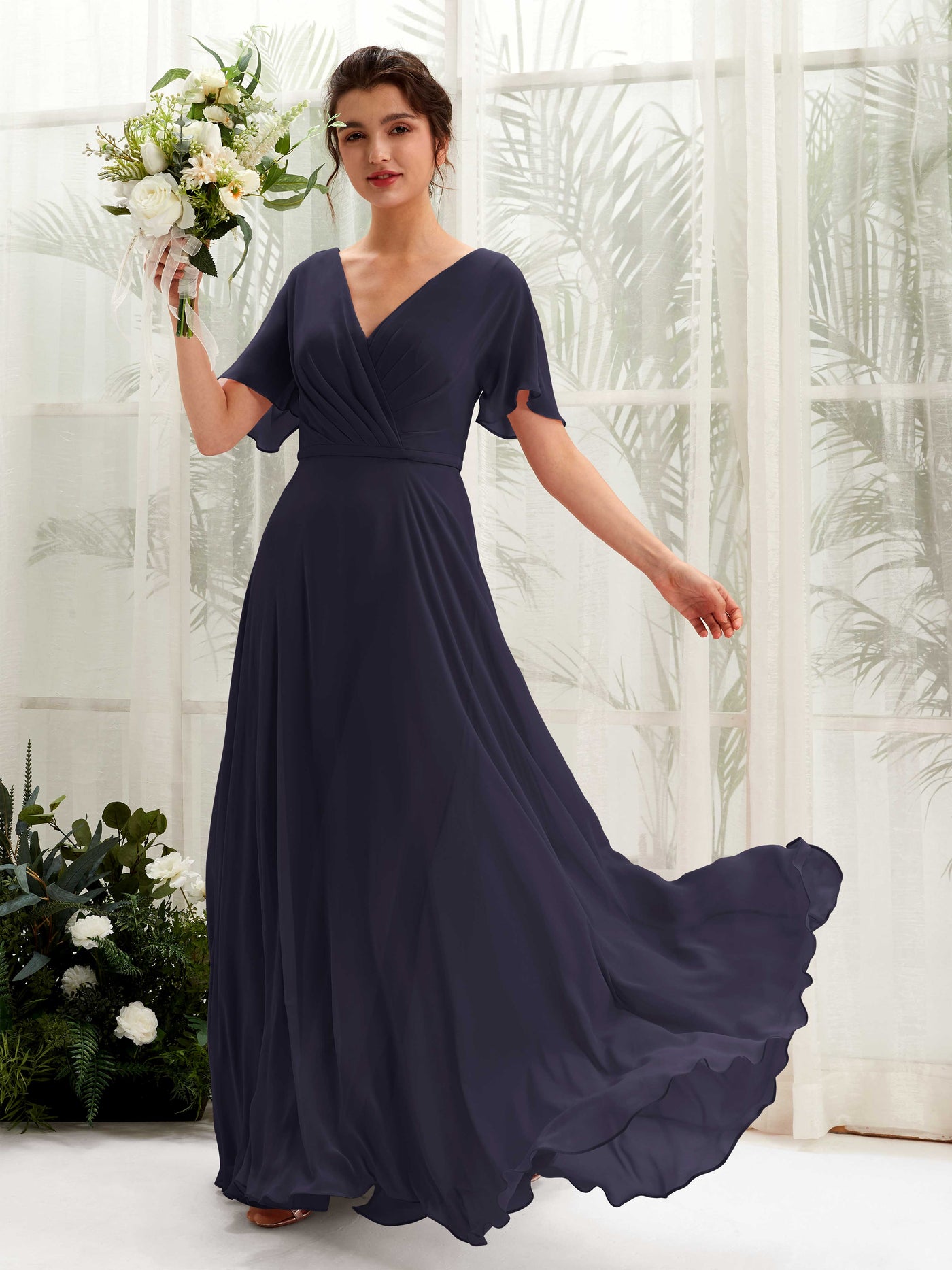A-line V-neck Short Sleeves Chiffon Bridesmaid Dress  (81224618)#color_dark-navy