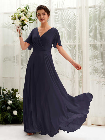 Carlyna Daphne A-Line Dark Navy Bridesmaid Dress Maxi Short Sleeve V-Neck Dress Front View #color_dark-navy
