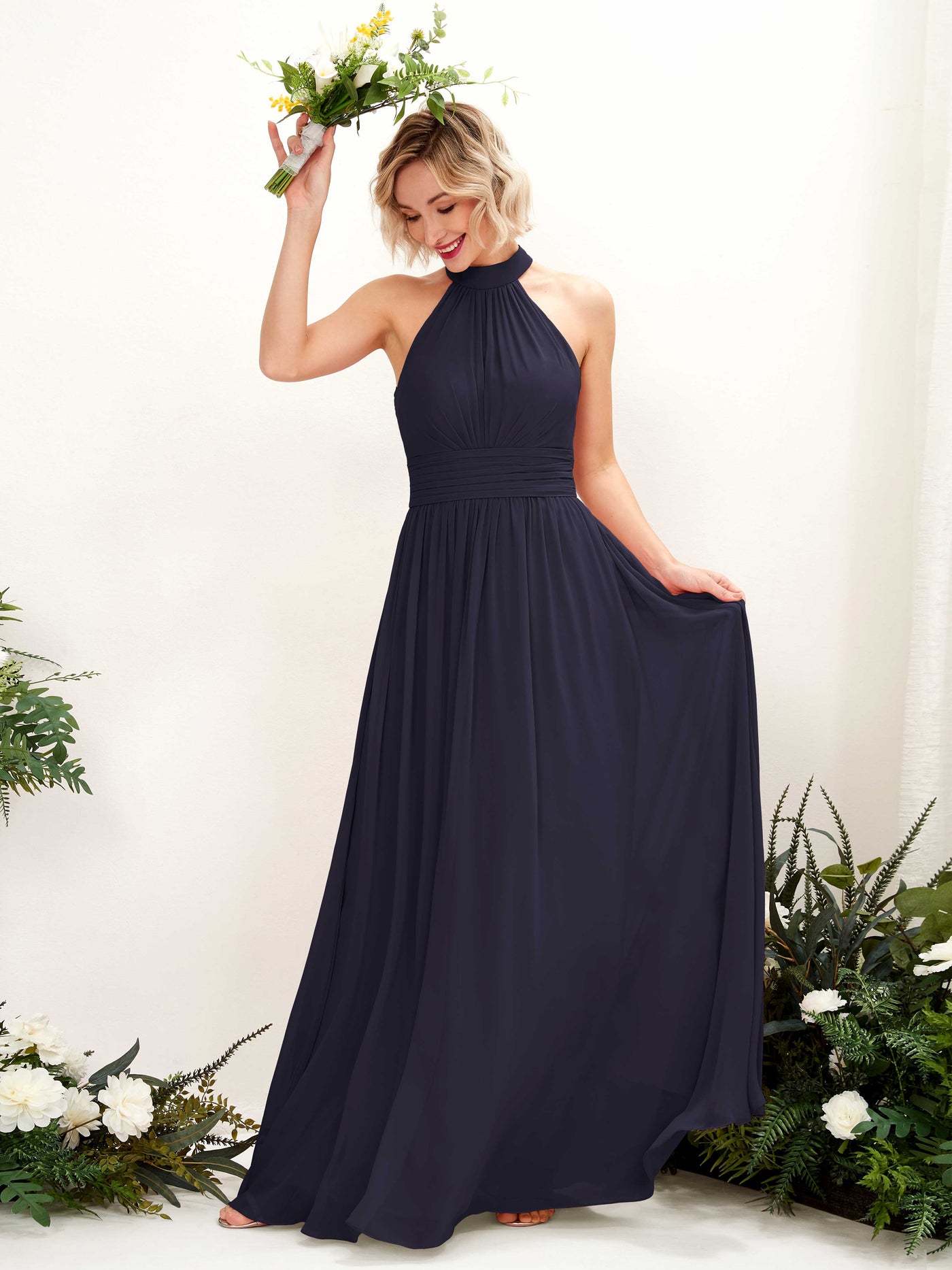 Ball Gown Halter Sleeveless Chiffon Bridesmaid Dress  (81225318)#color_dark-navy