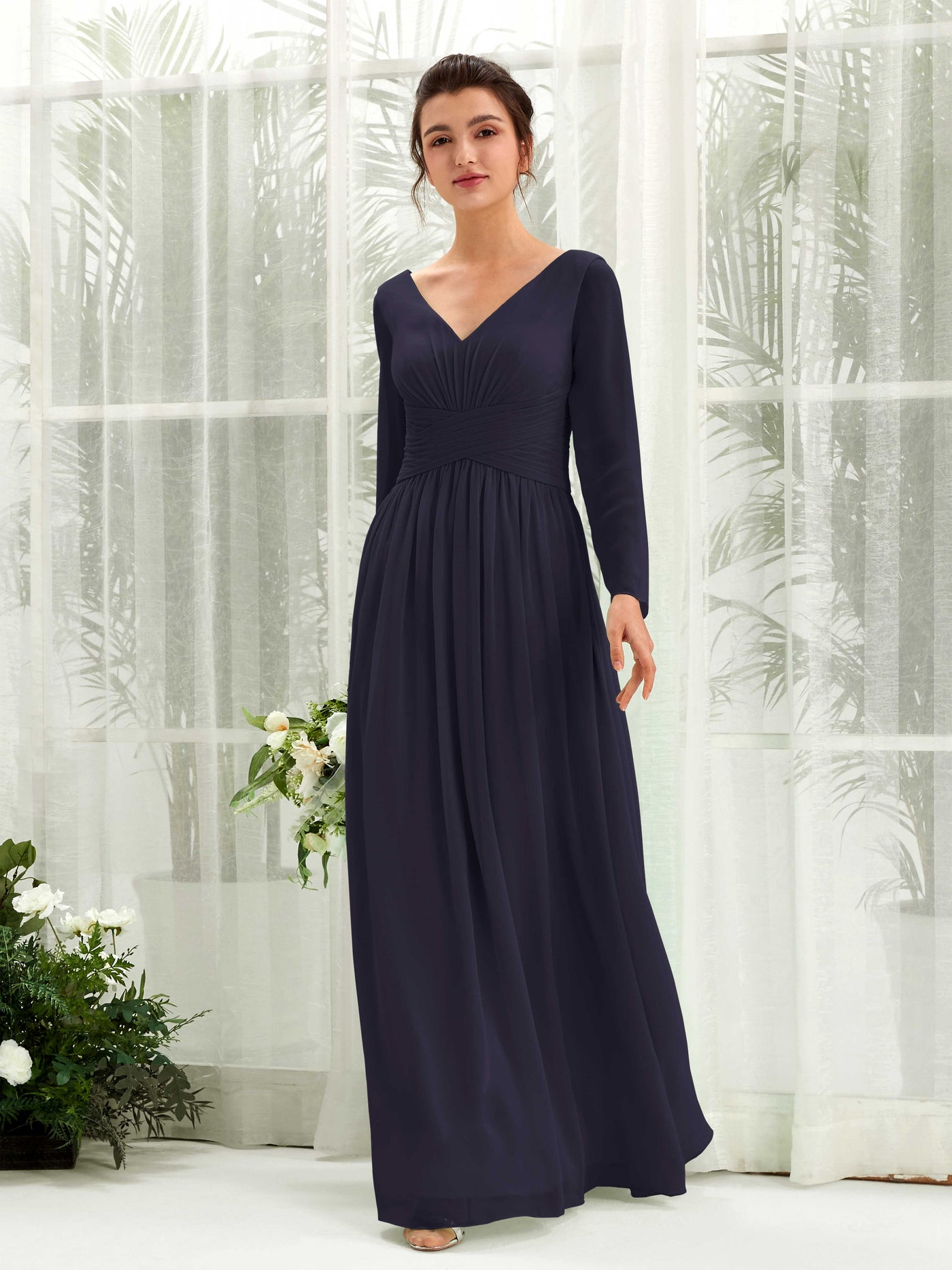 Ball Gown V-neck Long Sleeves Chiffon Bridesmaid Dress (81220318)#color_dark-navy