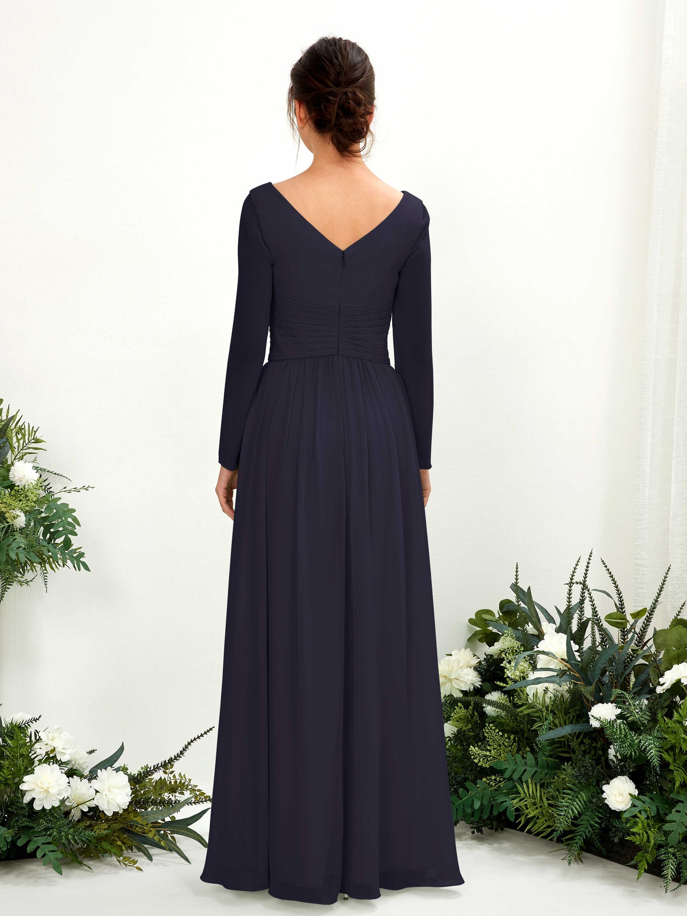 Ball Gown V-neck Long Sleeves Chiffon Bridesmaid Dress  (81220318)#color_dark-navy