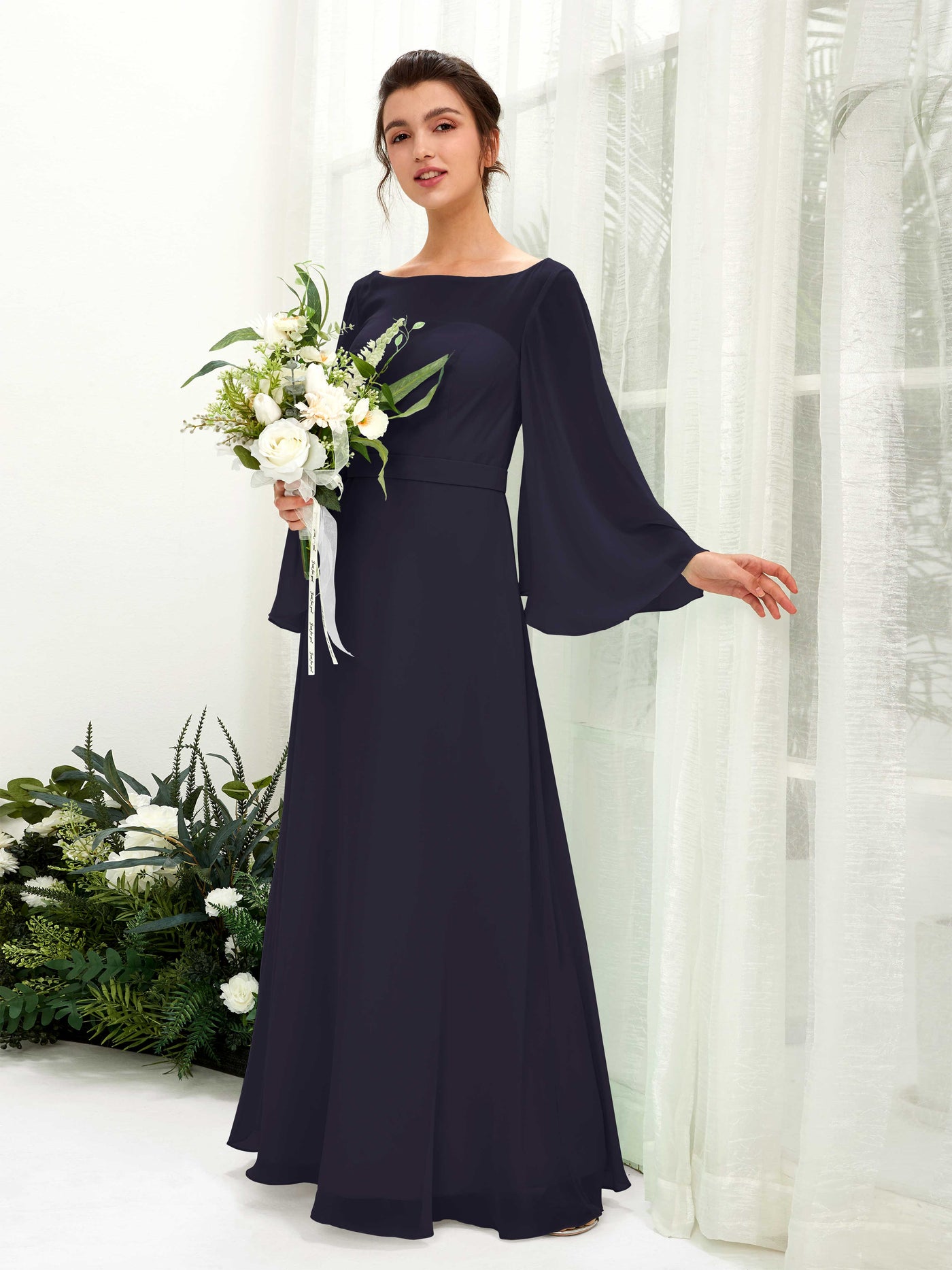 Bateau Illusion Long Sleeves Chiffon Bridesmaid Dress  (81220518)#color_dark-navy