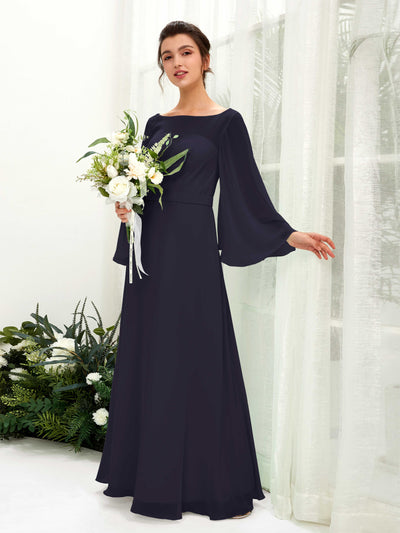 Carlyna Elie A-Line Dark Navy Bridesmaid Dress Maxi Long Sleeve Boat Neck Front View #color_dark-navy