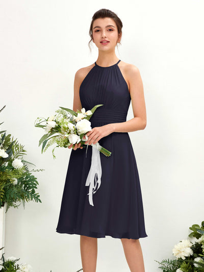 Carlyna Cathie A-Line Dark Navy Bridesmaid Dress Knee-Length Sleeveless Round Neck Dress Front View #color_dark-navy