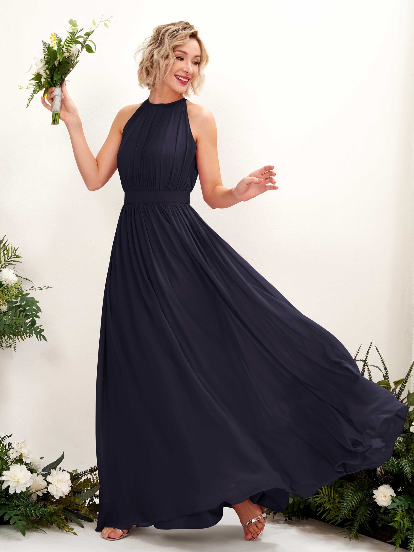 Halter Sleeveless Chiffon Bridesmaid Dress  (81223118)#color_dark-navy