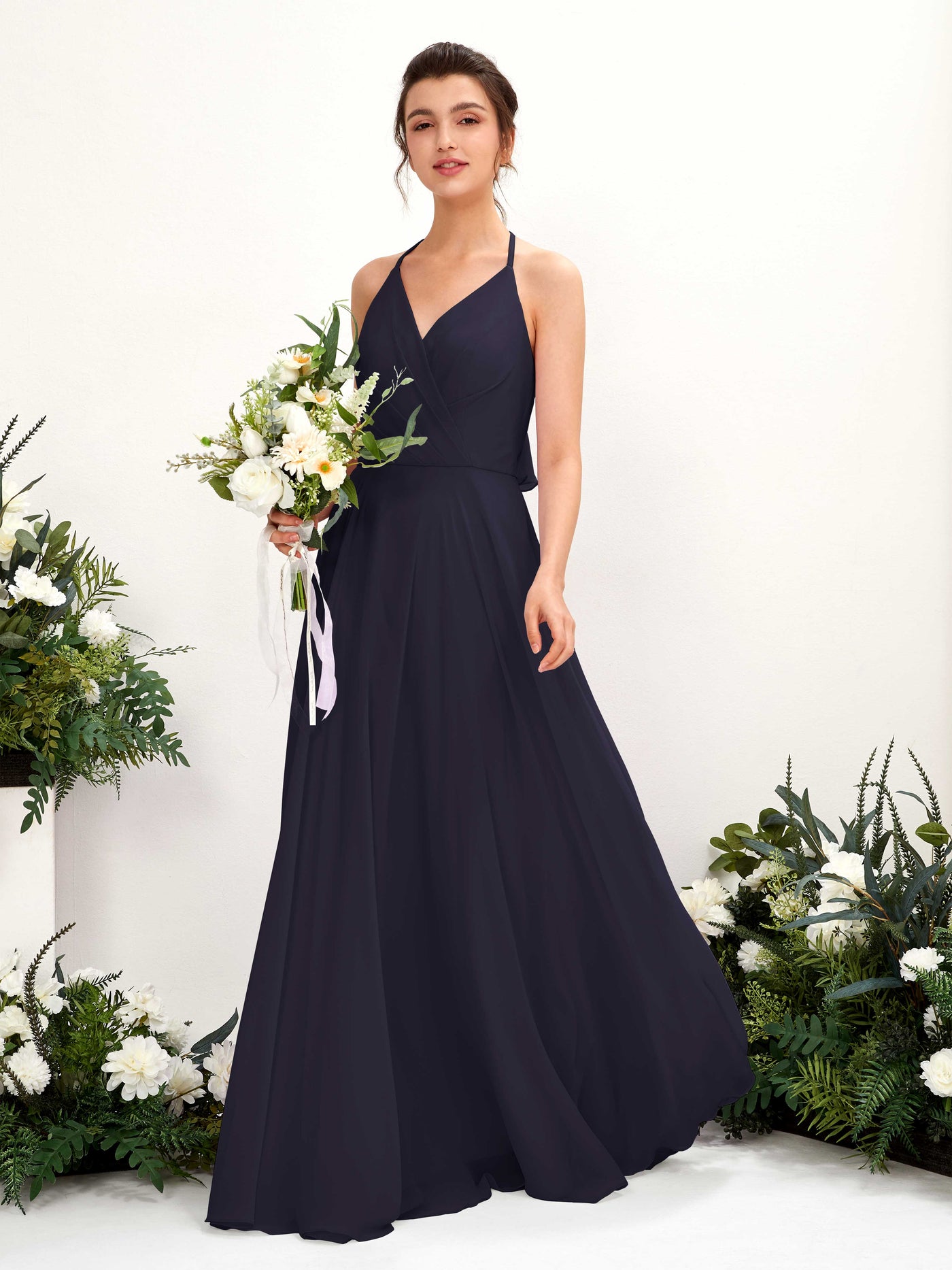 Halter V-neck Sleeveless Chiffon Bridesmaid Dress (81221018)#color_dark-navy