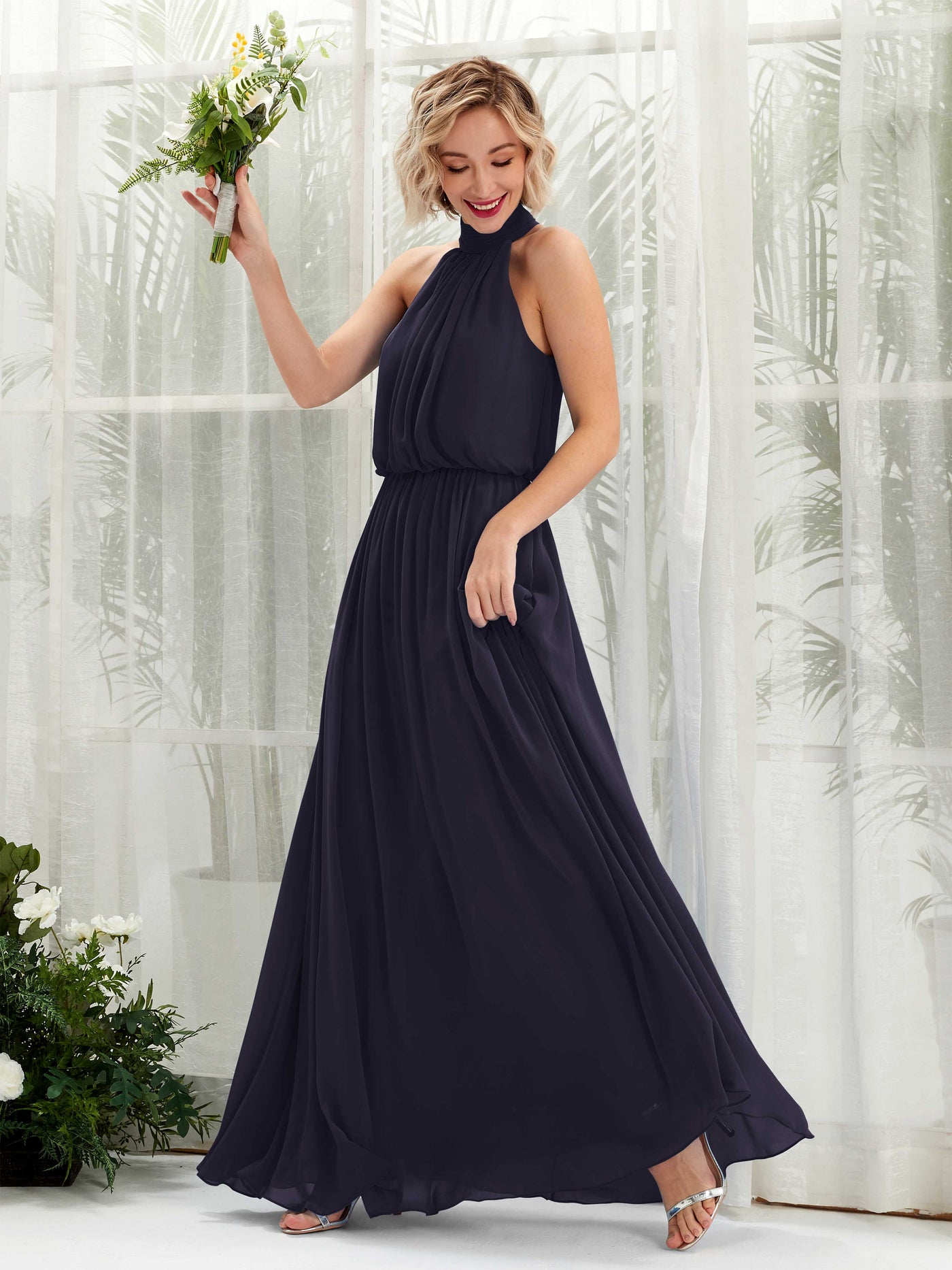 Halter Sleeveless Chiffon Bridesmaid Dress  (81222918)#color_dark-navy
