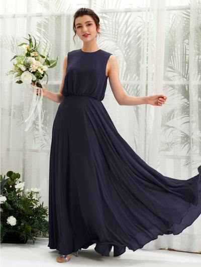 Carlyna Alma A-Line Dark Navy Bridesmaid Dress Maxi Sleeveless Round Neck Dress Front View #color_dark-navy