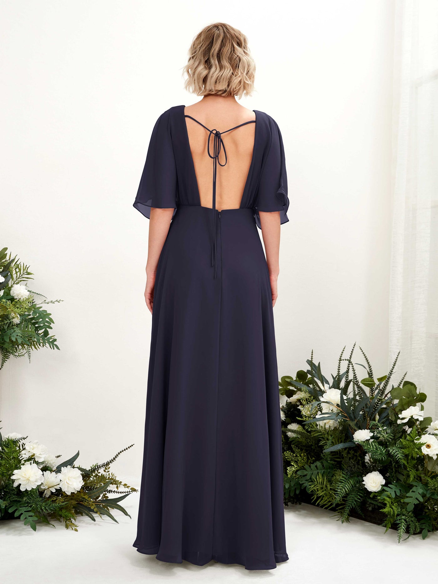 V-neck 1/2 Sleeves Chiffon Bridesmaid Dress  (81225118)#color_dark-navy