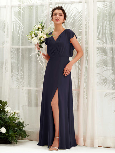 Carlyna Annie A-Line Dark Navy Bridesmaid Dress Maxi Cap Sleeve V-Neck Dress Front View #color_dark-navy