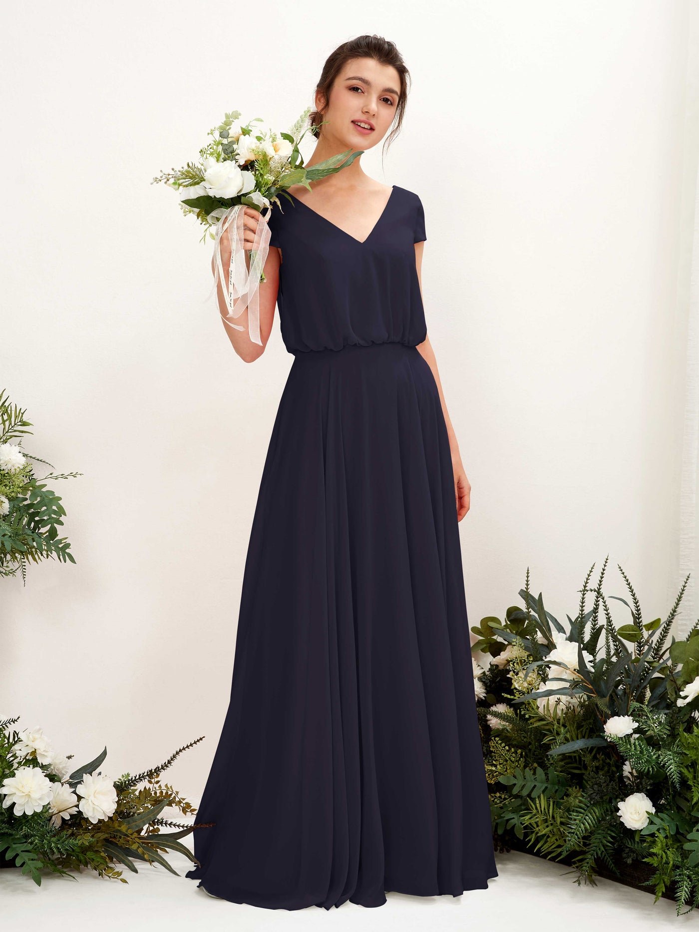 V-neck Cap Sleeves Chiffon Bridesmaid Dress (81221818)#color_dark-navy