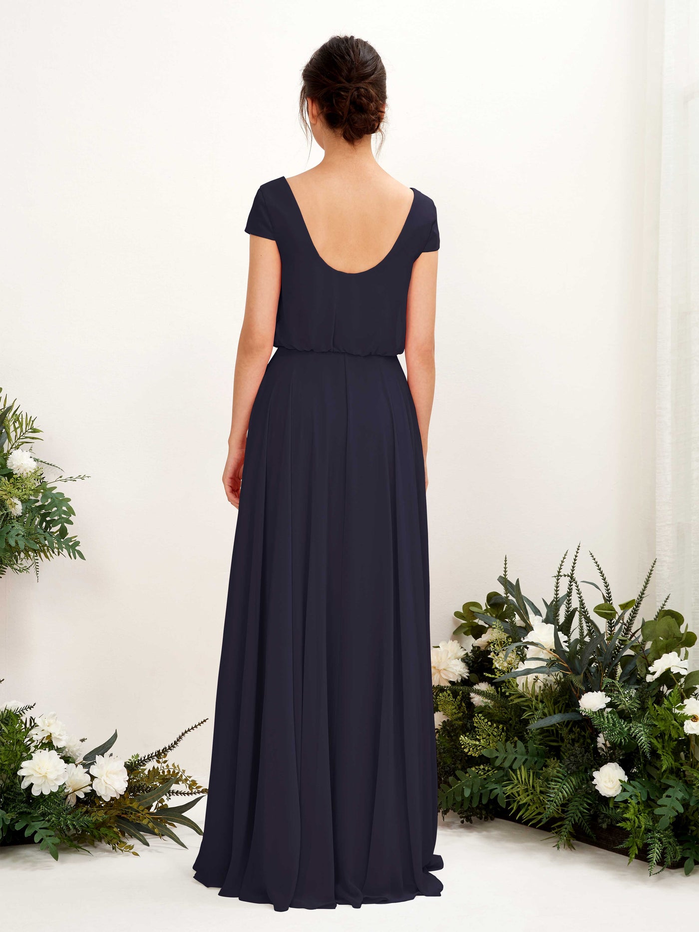 V-neck Cap Sleeves Chiffon Bridesmaid Dress (81221818)#color_dark-navy