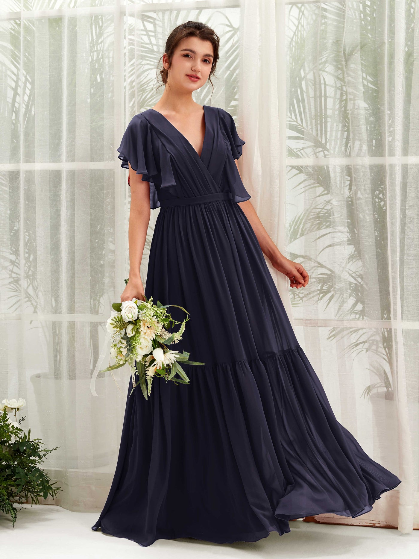 V-neck Cap Sleeves Chiffon Bridesmaid Dress  (81225918)#color_dark-navy