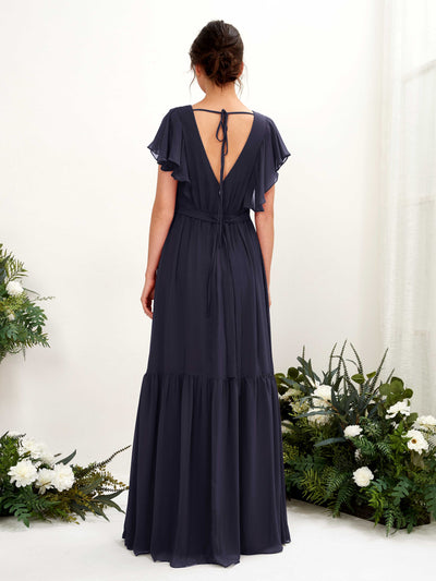 Carlyna Chaya A-Line Dark Navy Bridesmaid Dress Maxi Cap Sleeve V-Neck Dress Back View #color_dark-navy