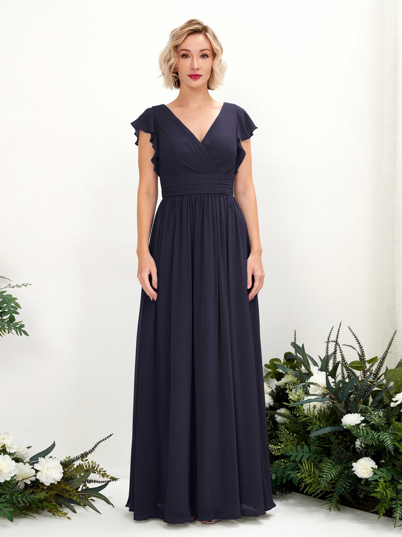 V-neck Short Sleeves Chiffon Bridesmaid Dress (81222718)#color_dark-navy