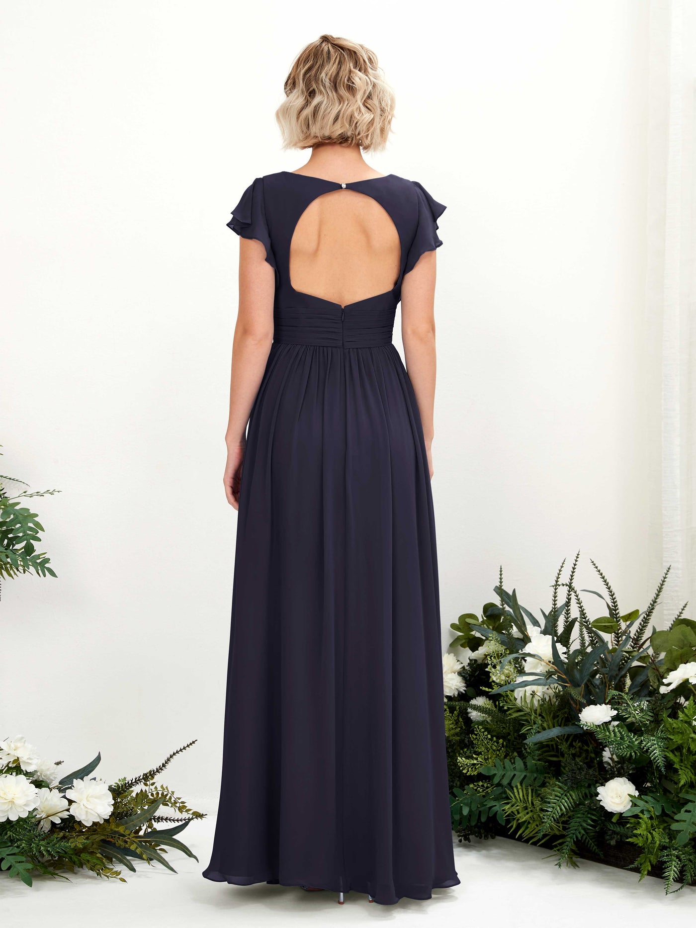 V-neck Short Sleeves Chiffon Bridesmaid Dress  (81222718)#color_dark-navy