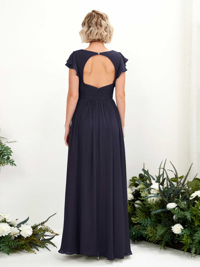 Carlyna Grino A-Line Dark Navy Bridesmaid Dress Maxi Cap Sleeve V-Neck Dress Back View #color_dark-navy