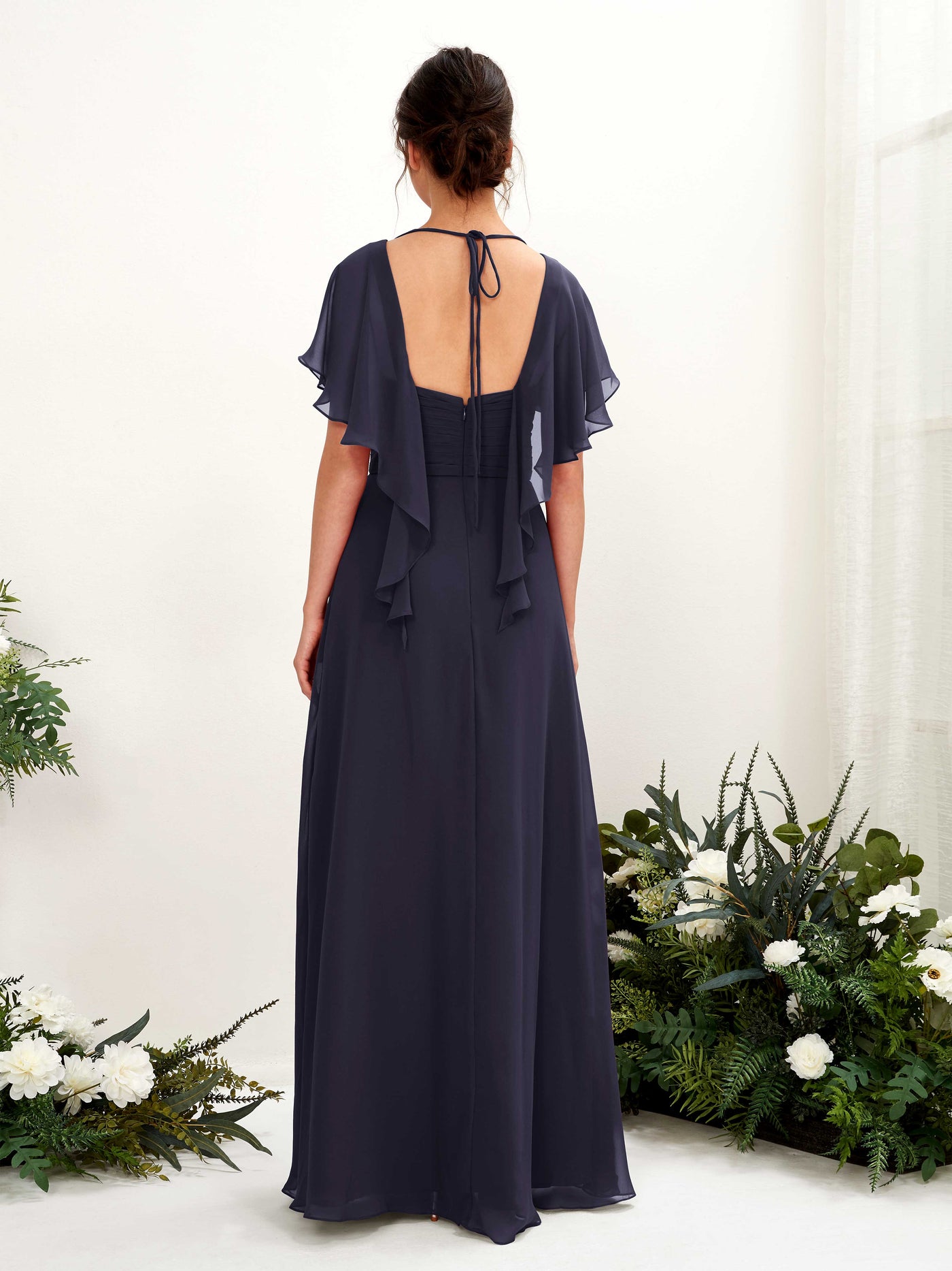 V-neck Short Sleeves Chiffon Bridesmaid Dress  (81226118)#color_dark-navy
