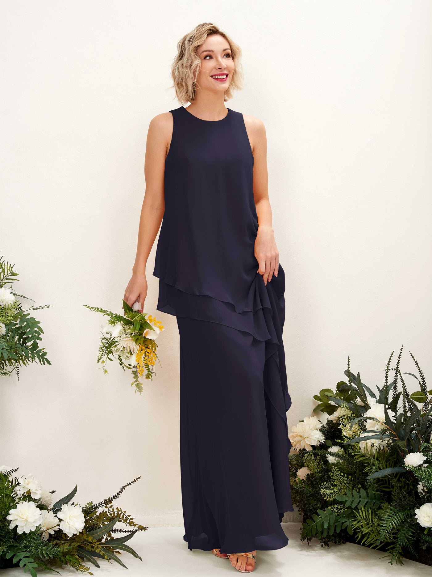 Round Sleeveless Chiffon Bridesmaid Dress  (81222318)#color_dark-navy