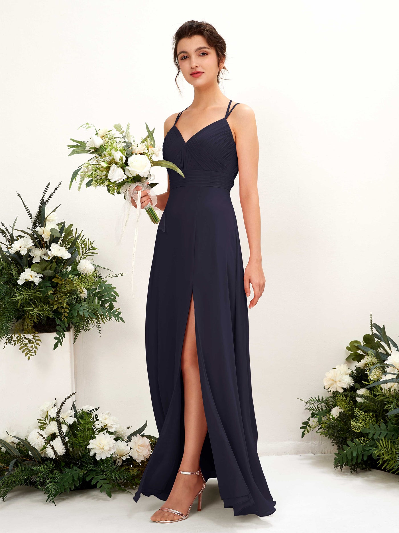 Straps V-neck Sleeveless Chiffon Bridesmaid Dress  (81225418)#color_dark-navy