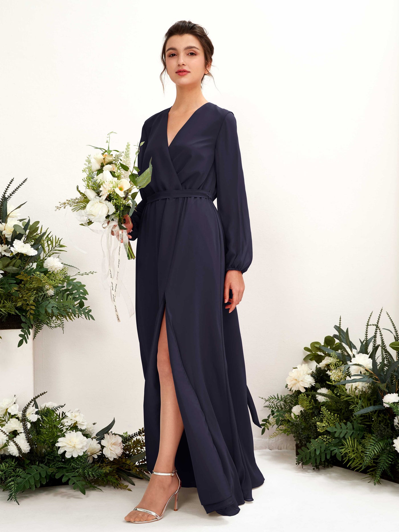 V-neck Long Sleeves Chiffon Bridesmaid Dress (81223218)#color_dark-navy