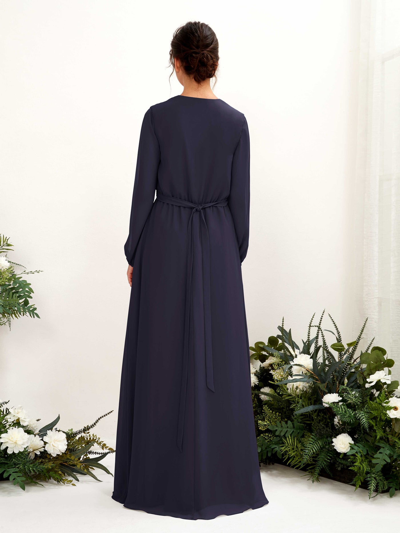 V-neck Long Sleeves Chiffon Bridesmaid Dress (81223218)#color_dark-navy