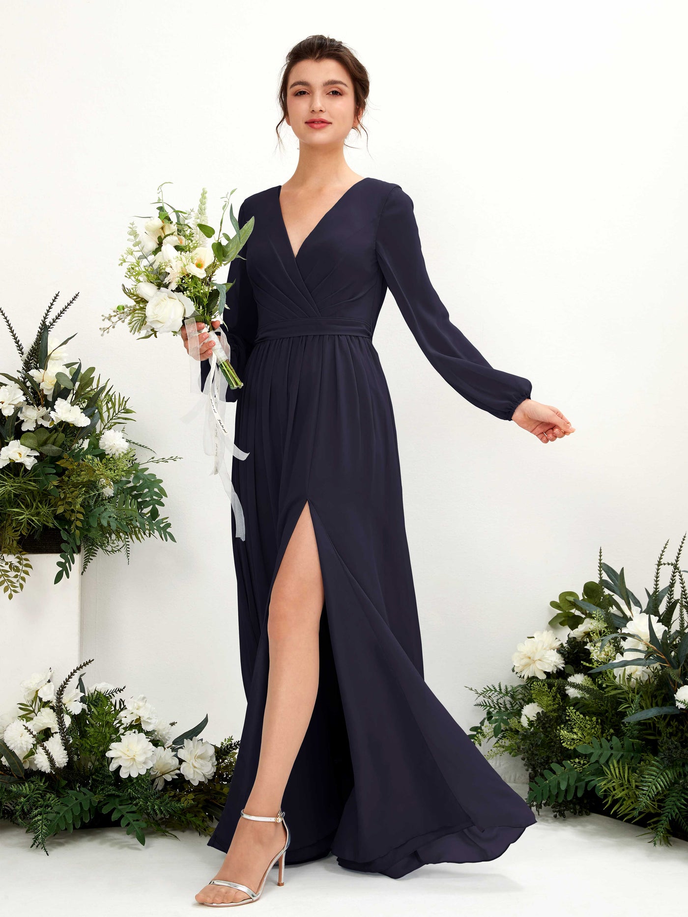 V-neck Long Sleeves Chiffon Bridesmaid Dress  (81223818)#color_dark-navy