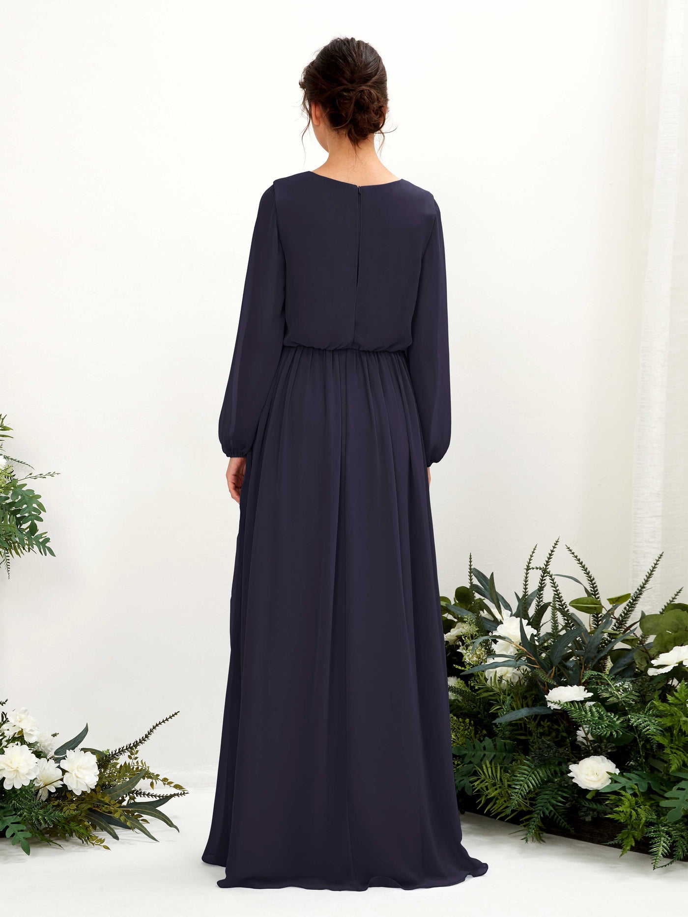 V-neck Long Sleeves Chiffon Bridesmaid Dress (81223818)#color_dark-navy