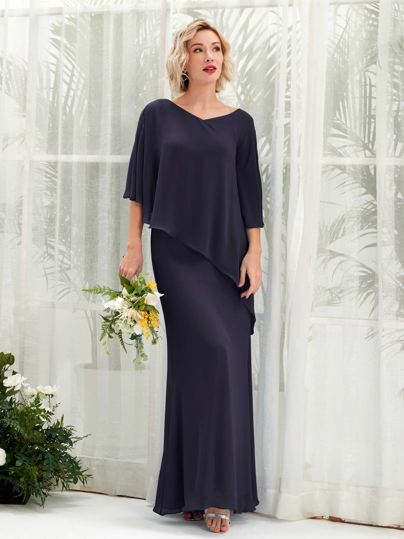 V-neck 3/4 Sleeves Chiffon Bridesmaid Dress  (81222518)#color_dark-navy