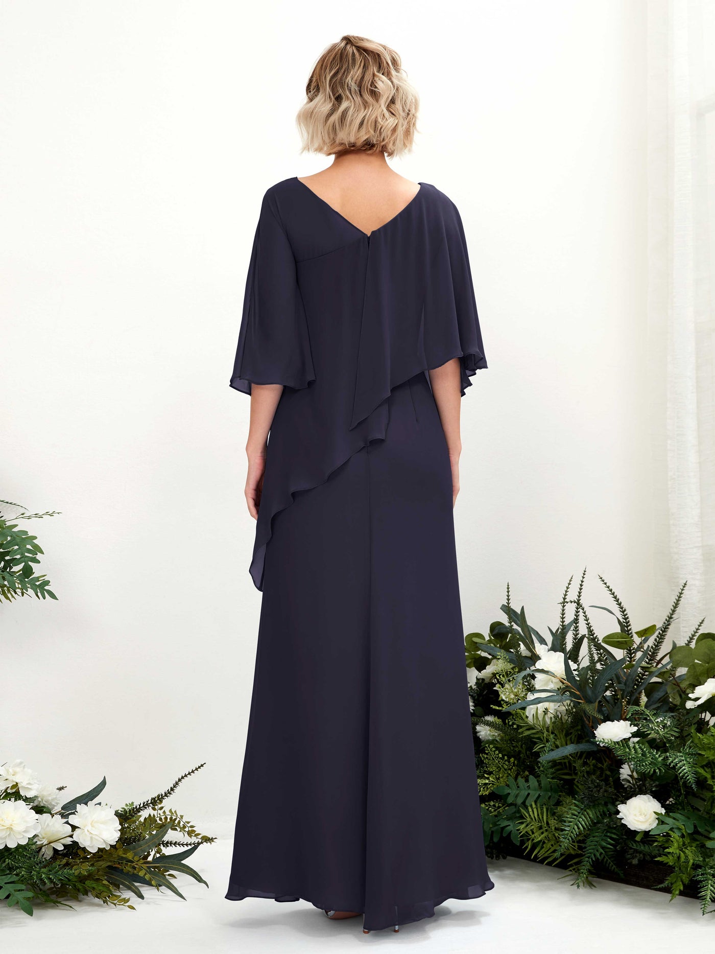 V-neck 3/4 Sleeves Chiffon Bridesmaid Dress (81222518)#color_dark-navy