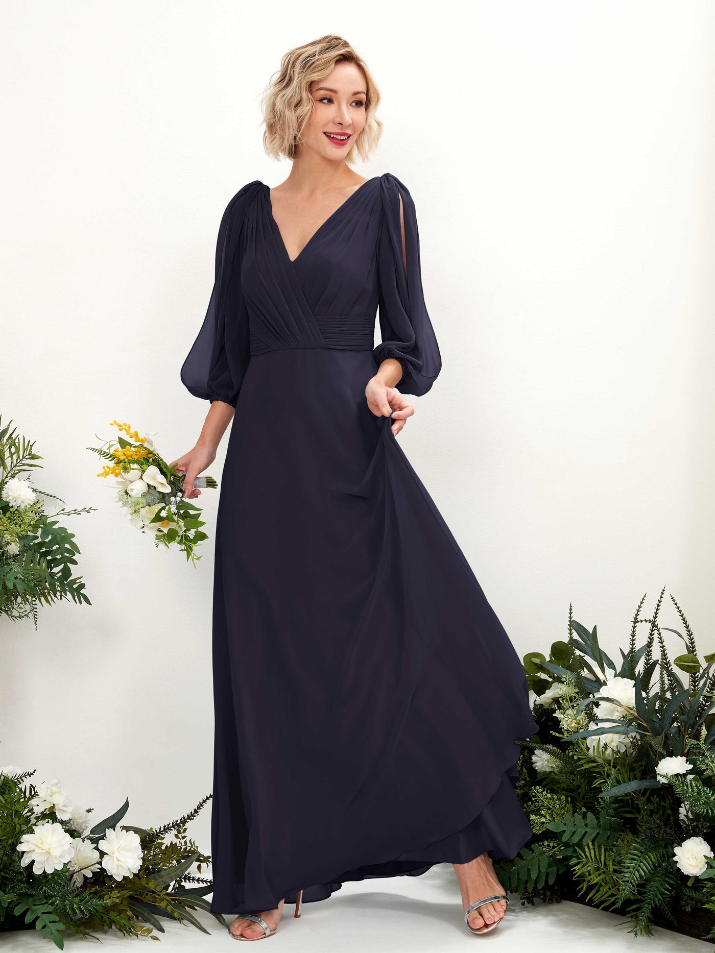 V-neck 3/4 Sleeves Chiffon Bridesmaid Dress  (81223518)#color_dark-navy