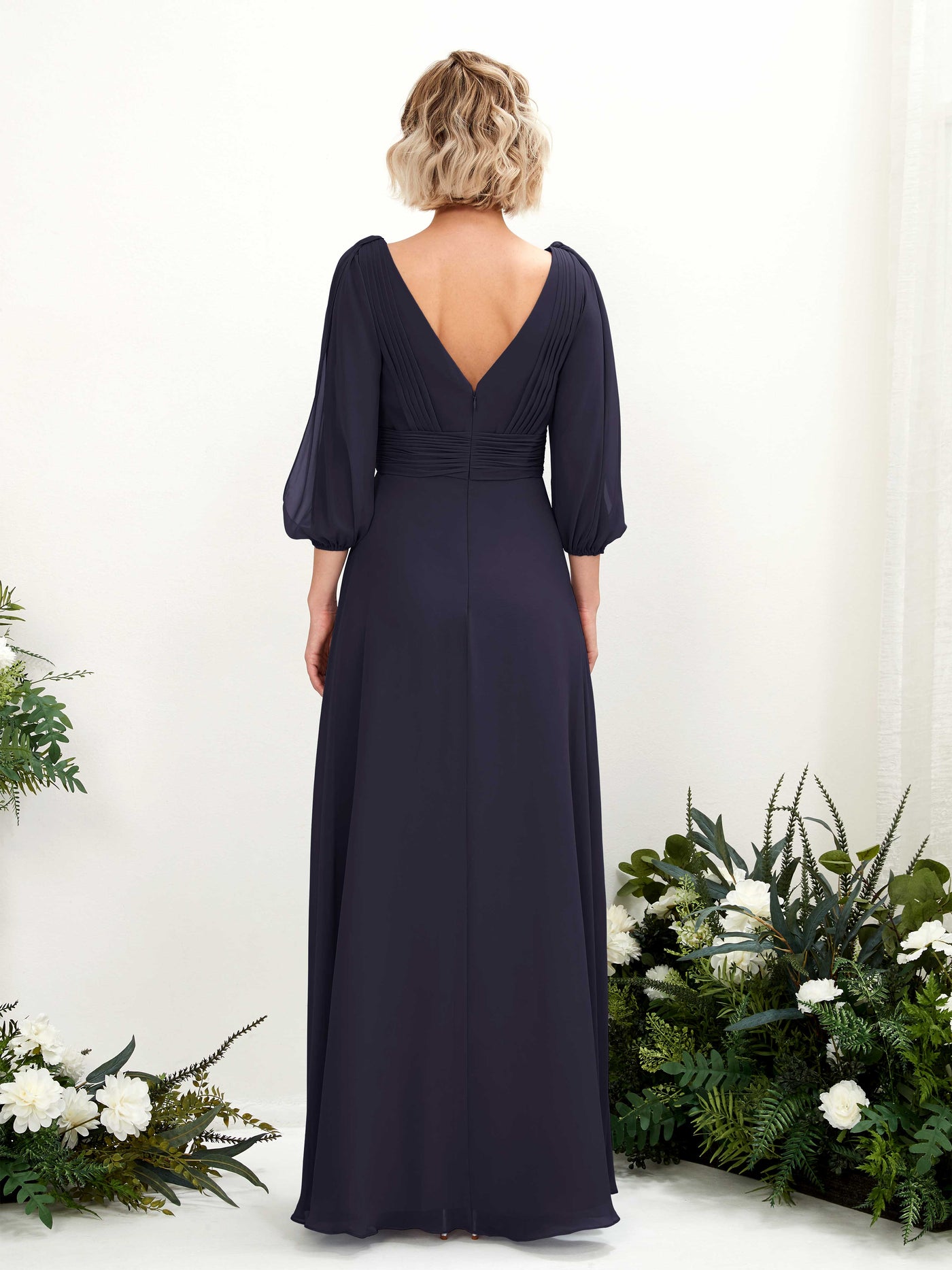 V-neck 3/4 Sleeves Chiffon Bridesmaid Dress  (81223518)#color_dark-navy