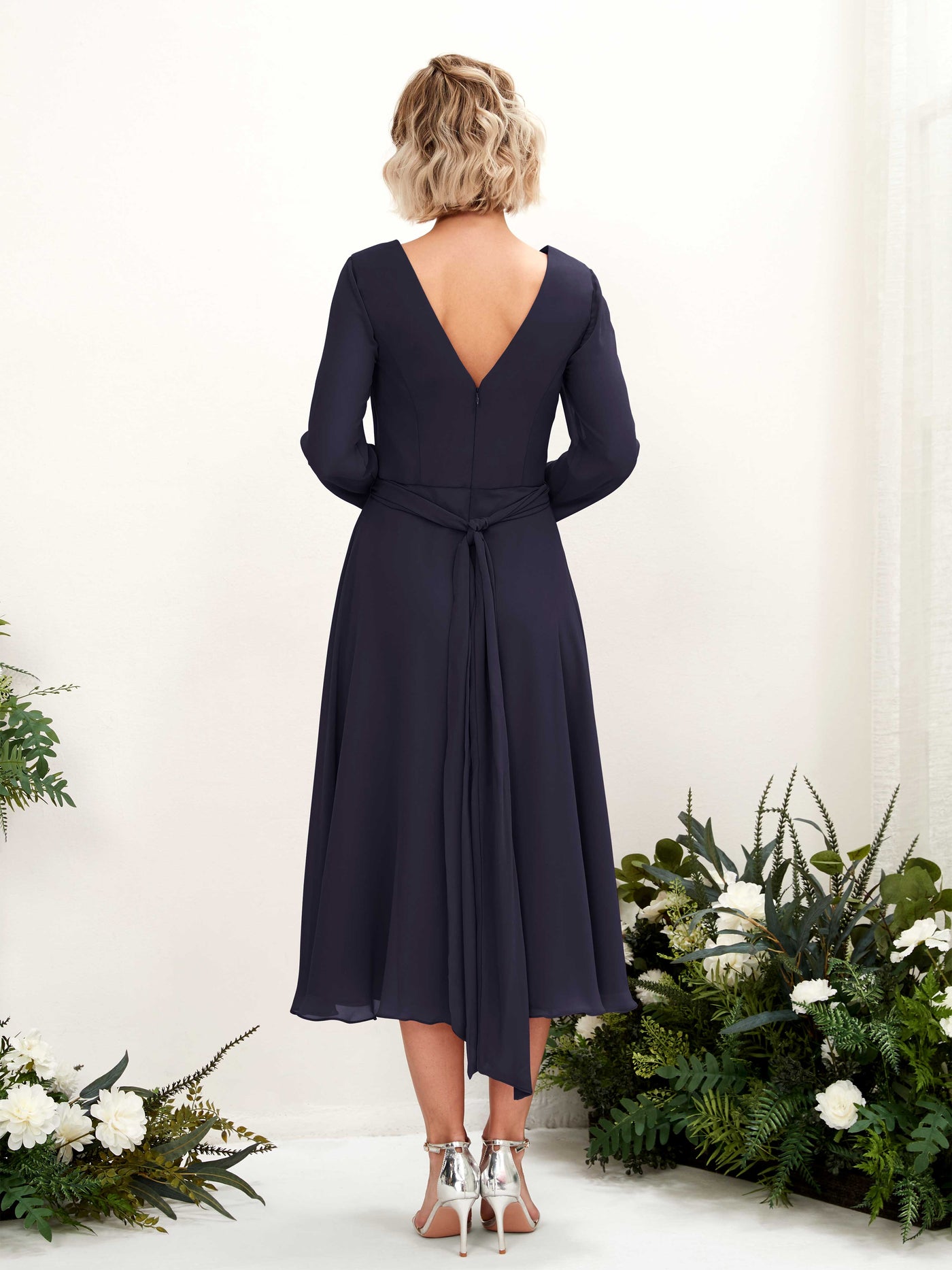 V-neck Long Sleeves Chiffon Bridesmaid Dress  (81223318)#color_dark-navy