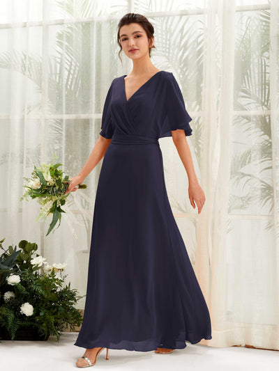 Carlyna Merta A-Line Dark Navy Bridesmaid Dress Maxi Short Sleeve V-Neck Dress #color_dark-navy