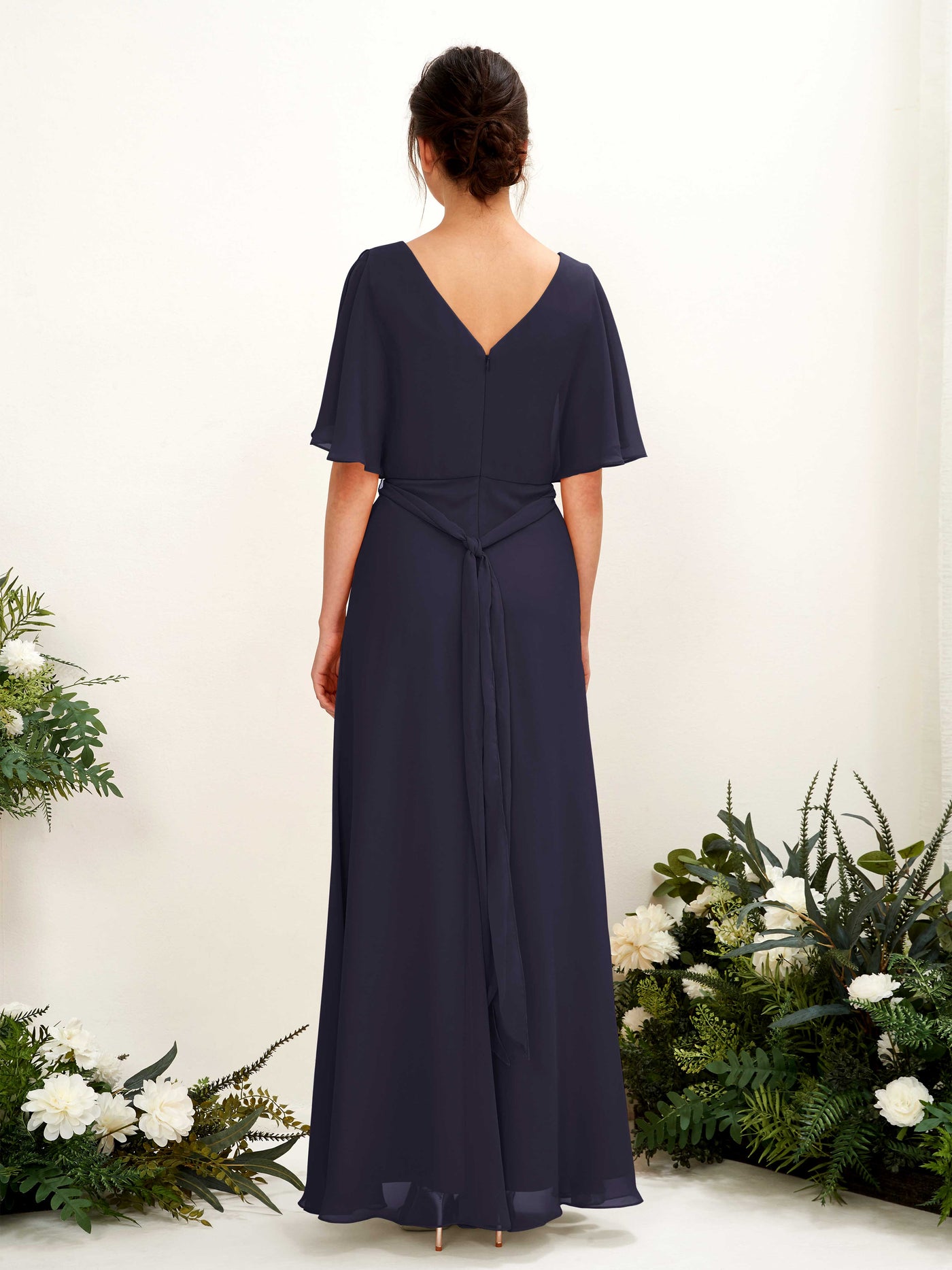 V-neck Short Sleeves Chiffon Bridesmaid Dress  (81222418)#color_dark-navy