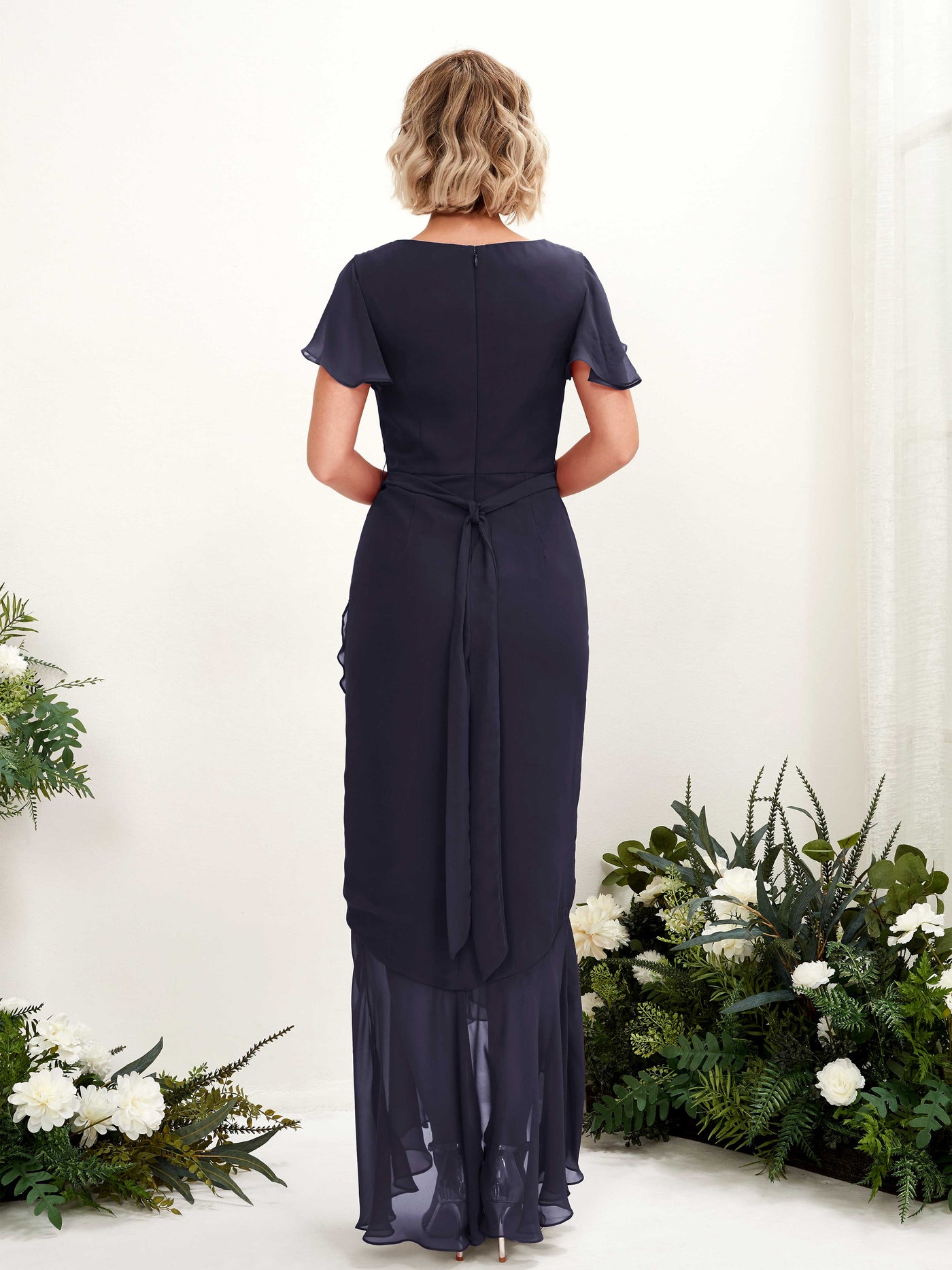 V-neck Short Sleeves Chiffon Bridesmaid Dress (81226218)#color_dark-navy