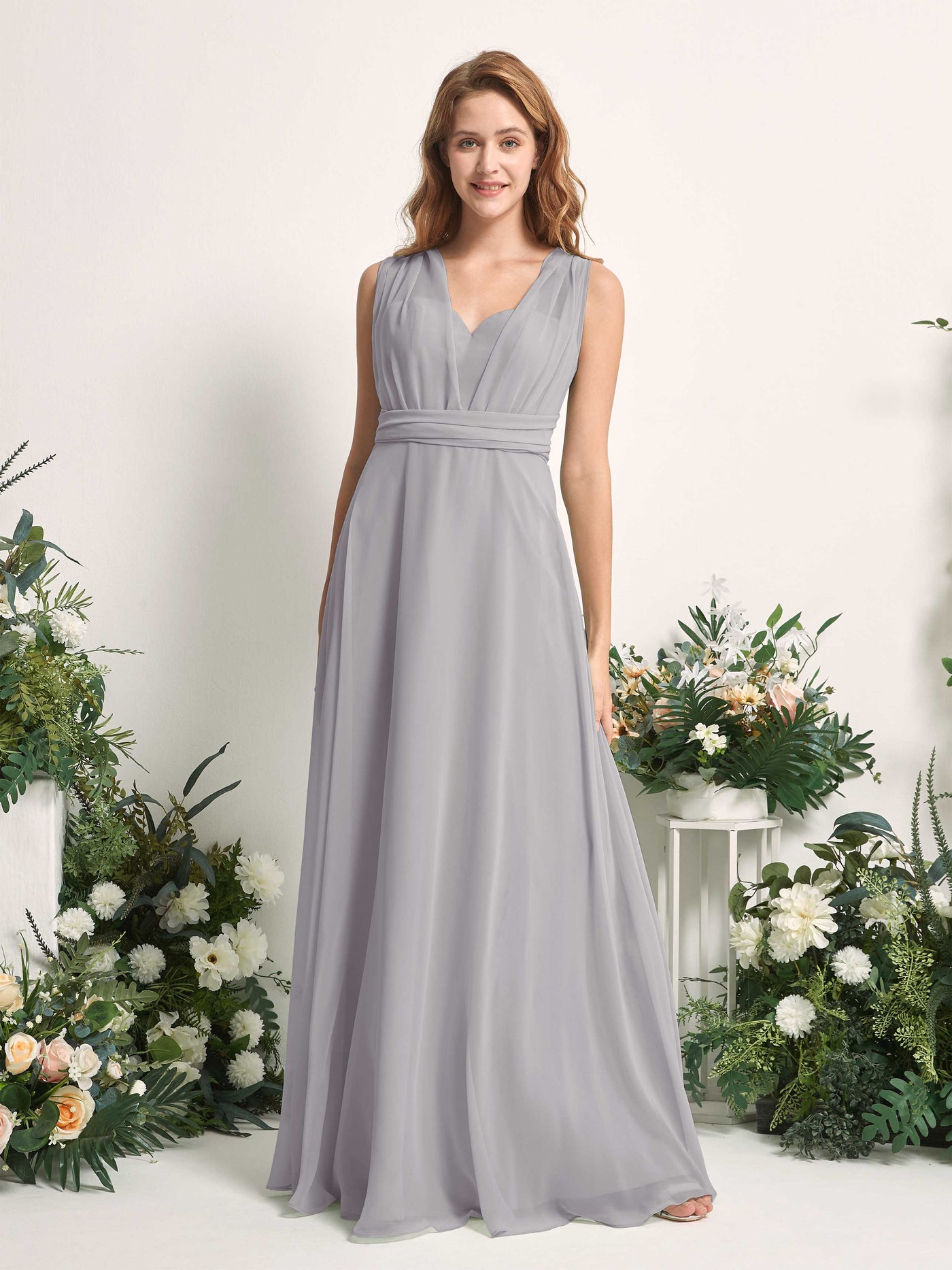 Bridesmaid Dress A-line Chiffon Halter Full Length Short Sleeves Wedding Party Dress - Dove (81226325)#color_dove