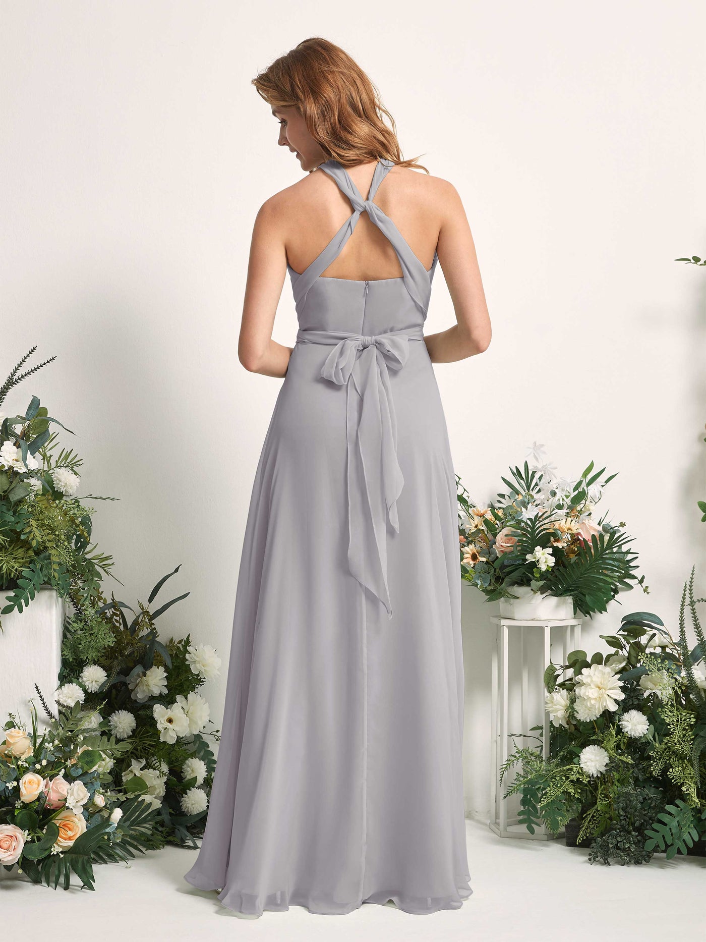 Bridesmaid Dress A-line Chiffon Halter Full Length Short Sleeves Wedding Party Dress - Dove (81226325)#color_dove