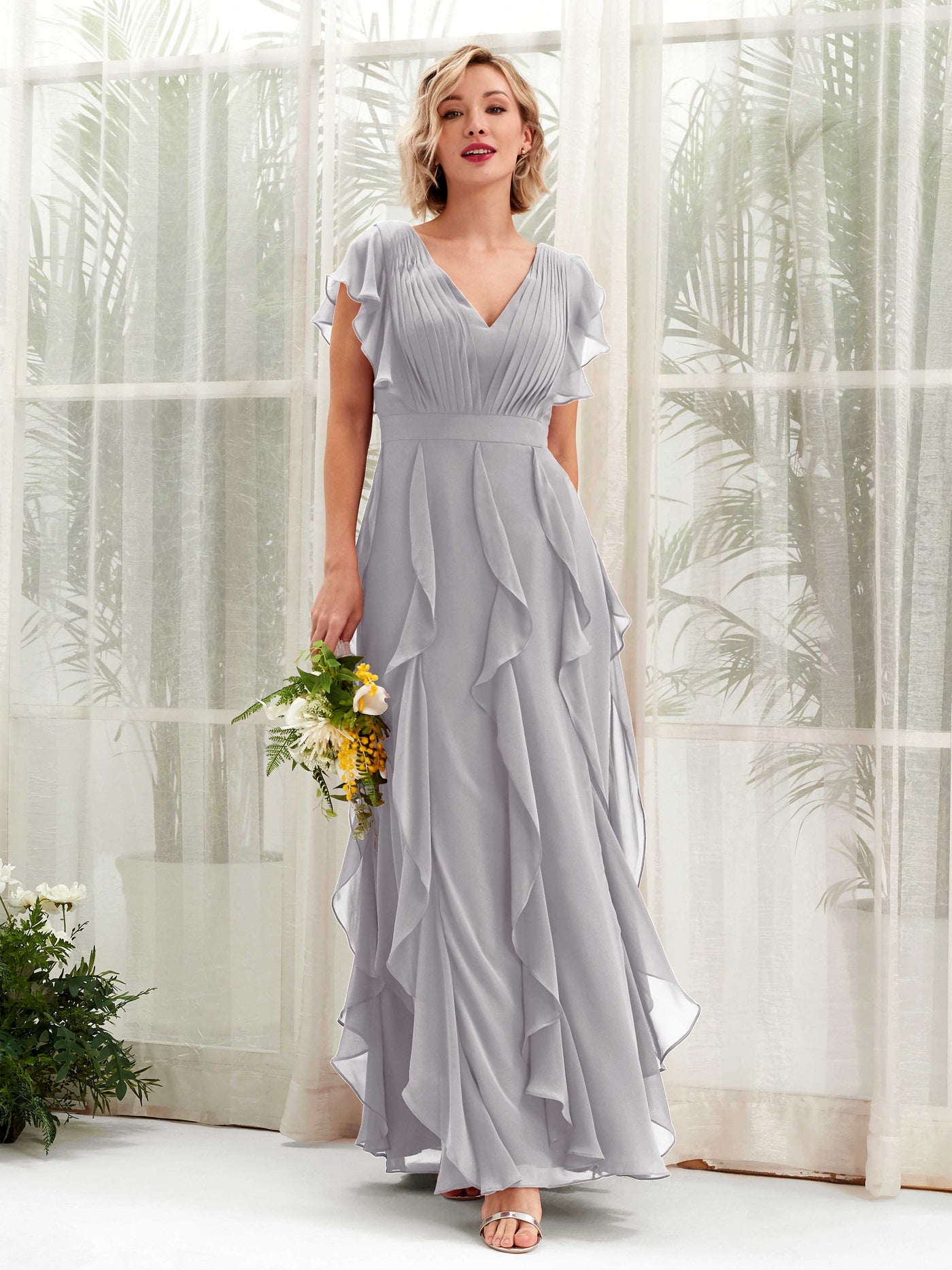 A-line V-neck Short Sleeves Chiffon Bridesmaid Dress - Dove (81226025)#color_dove