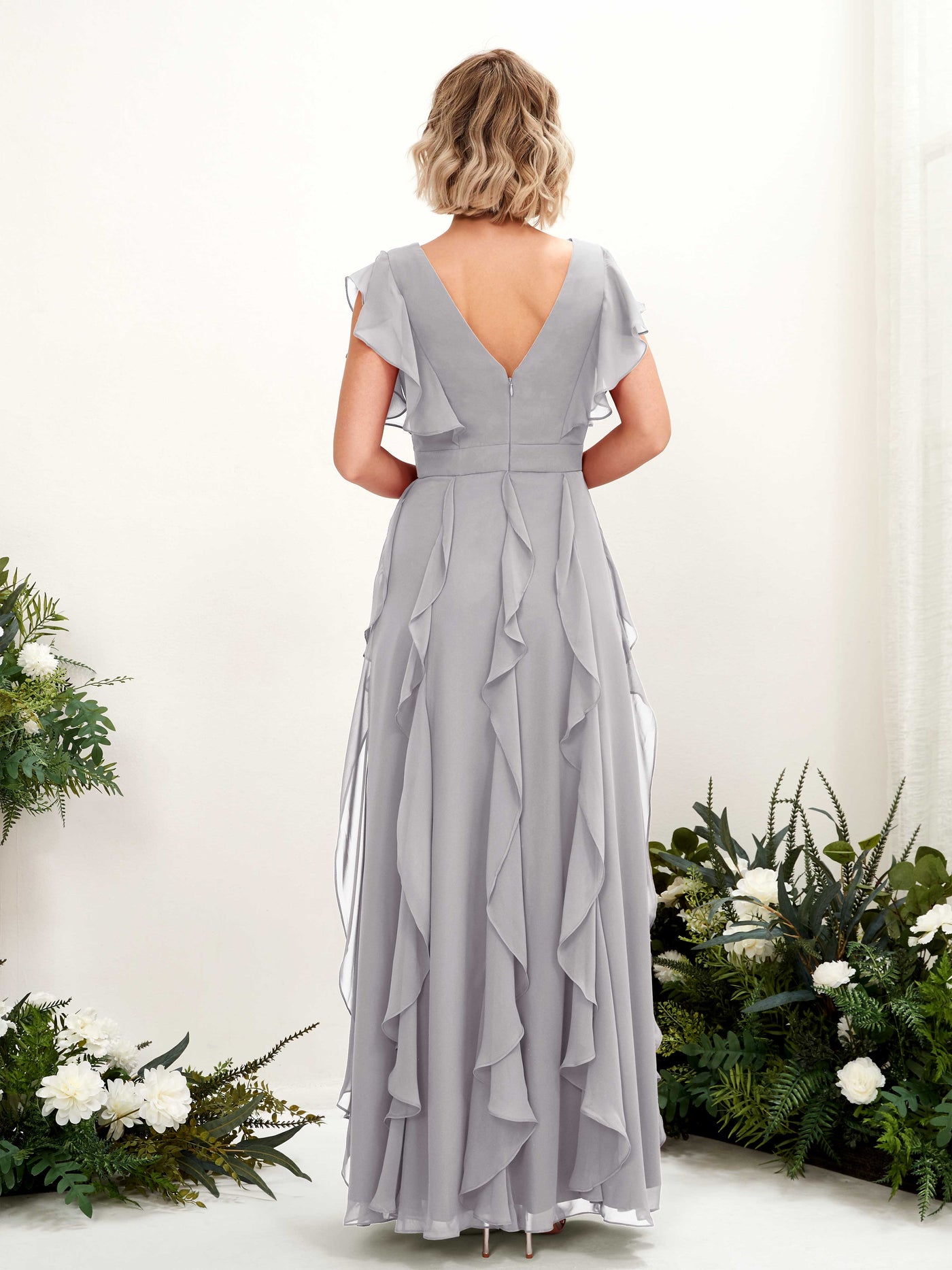 A-line V-neck Short Sleeves Chiffon Bridesmaid Dress - Dove (81226025)#color_dove