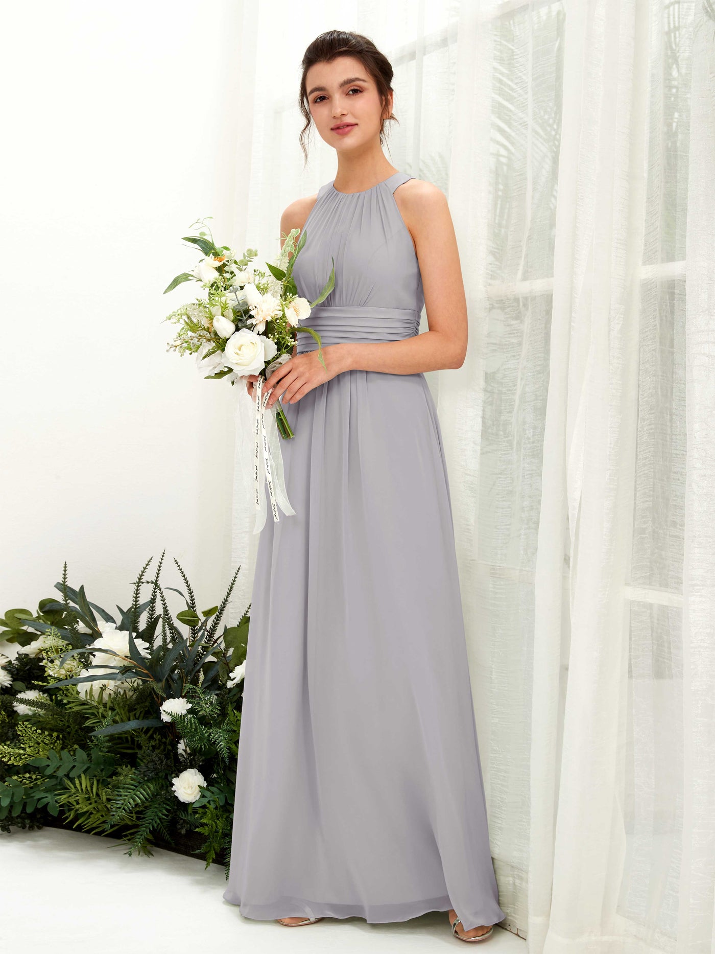 A-line Round Sleeveless Chiffon Bridesmaid Dress - Dove (81221525)#color_dove