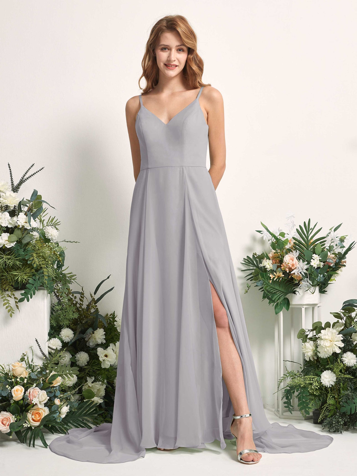 Bridesmaid Dress A-line Chiffon Spaghetti-straps Full Length Sleeveless Wedding Party Dress - Dove (81227725)#color_dove