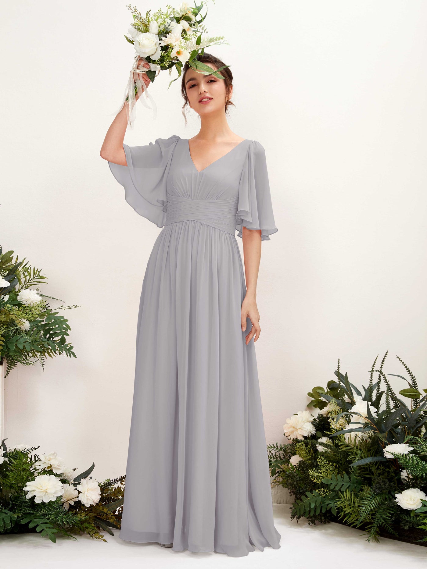 A-line V-neck 1/2 Sleeves Chiffon Bridesmaid Dress - Dove (81221625)#color_dove