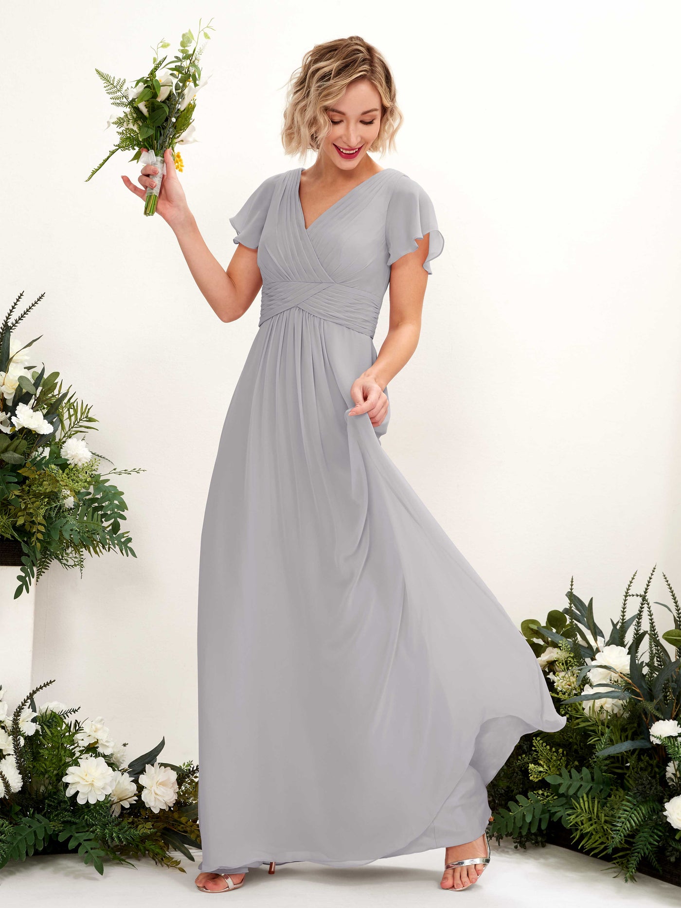 A-line V-neck Cap Sleeves Chiffon Bridesmaid Dress - Dove (81224325)#color_dove
