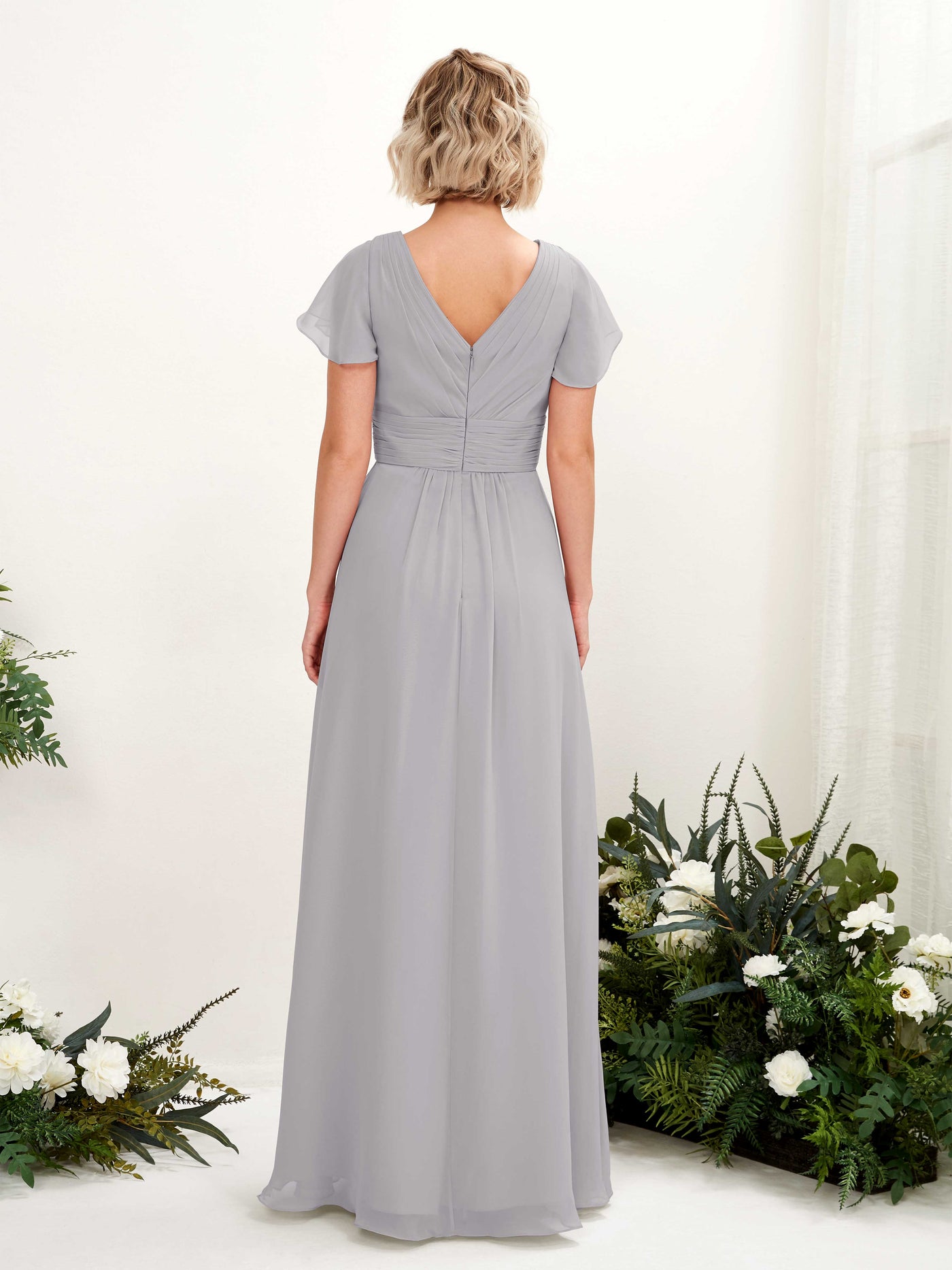 A-line V-neck Cap Sleeves Chiffon Bridesmaid Dress - Dove (81224325)#color_dove