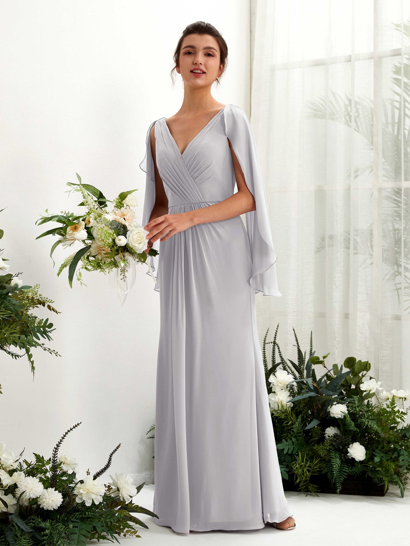 A-line V-neck Chiffon Bridesmaid Dress - Dove (80220125)#color_dove