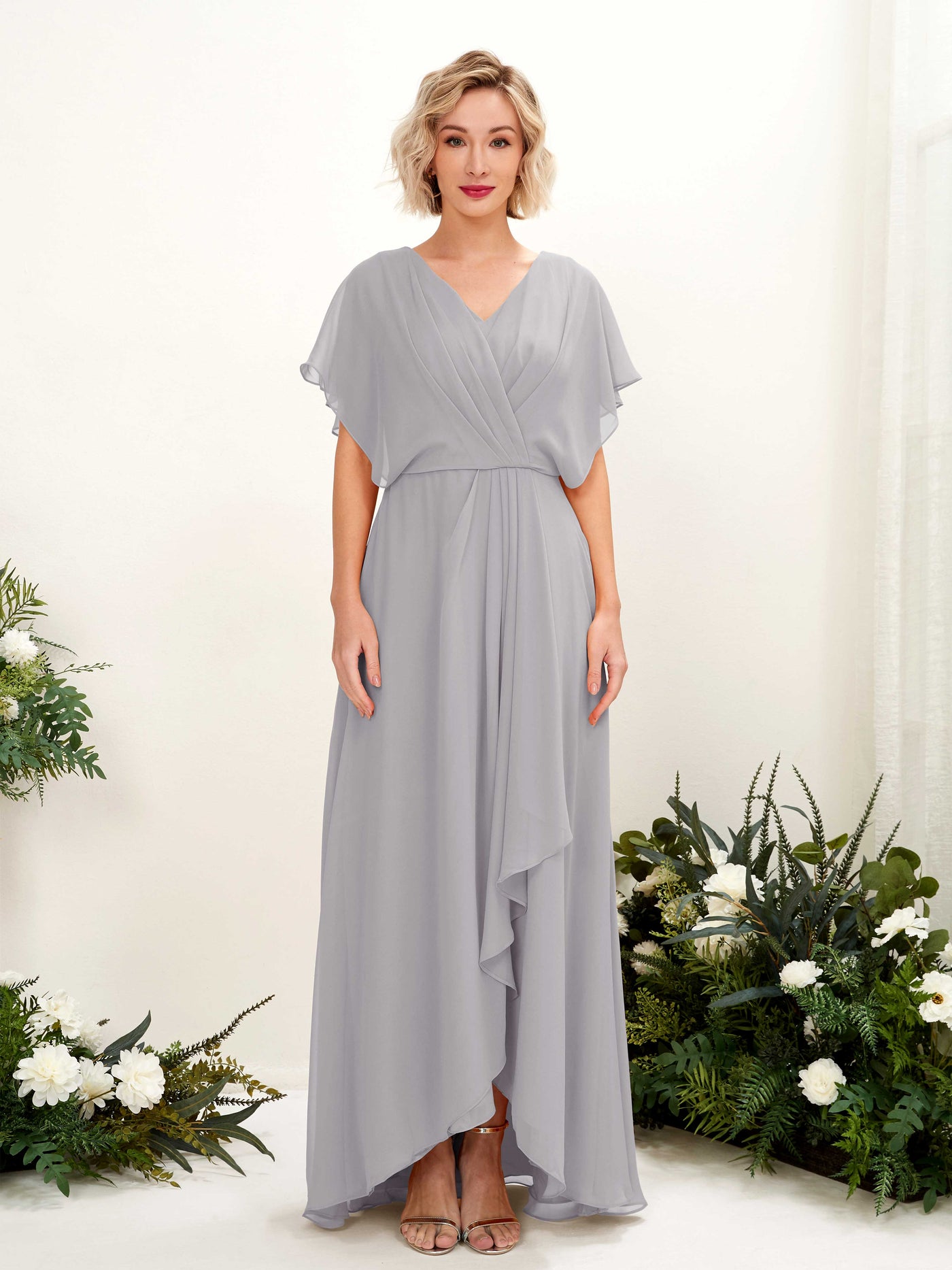 A-line V-neck Short Sleeves Chiffon Bridesmaid Dress - Dove (81222125)#color_dove