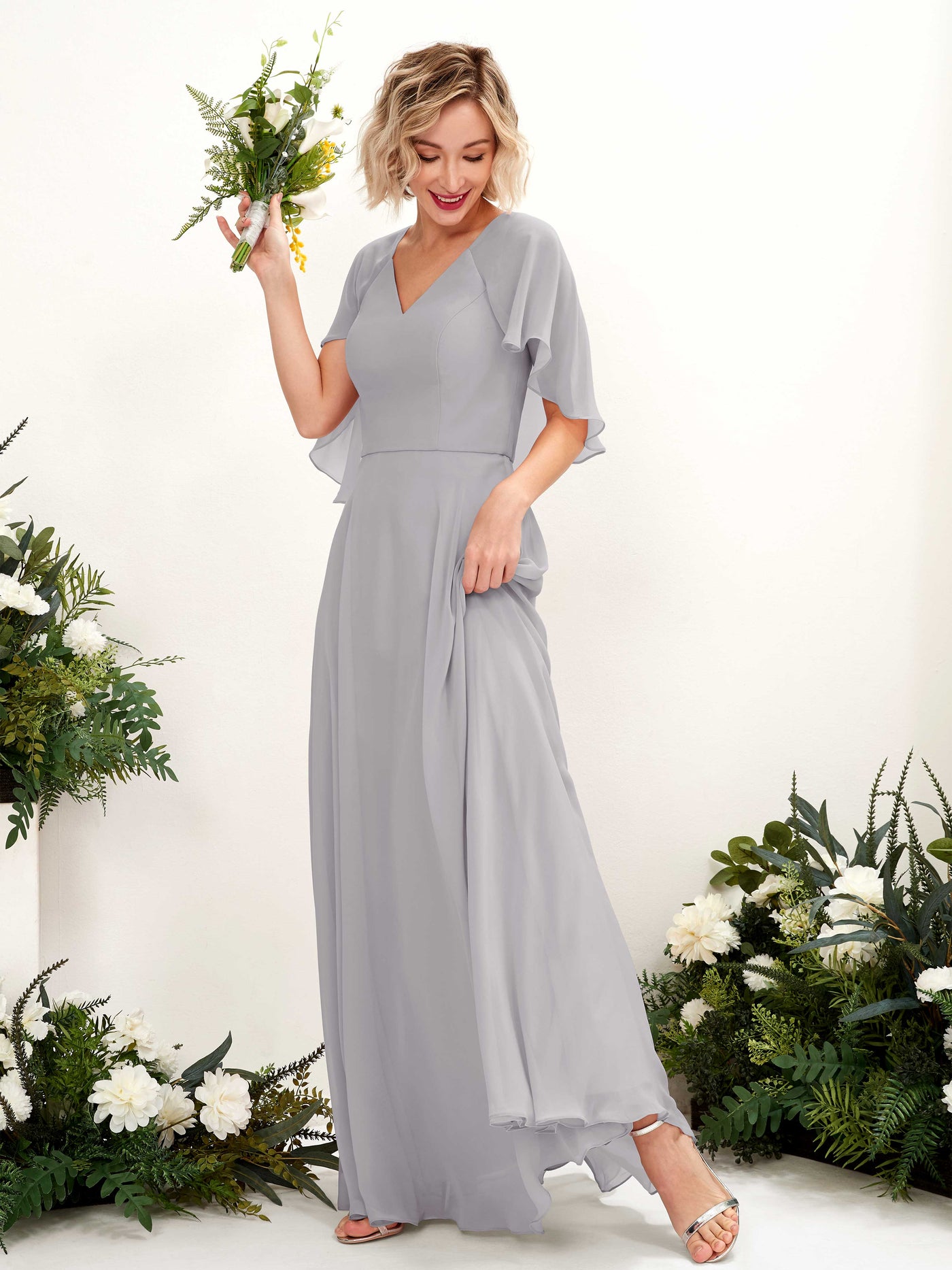 A-line V-neck Short Sleeves Chiffon Bridesmaid Dress - Dove (81224425)#color_dove